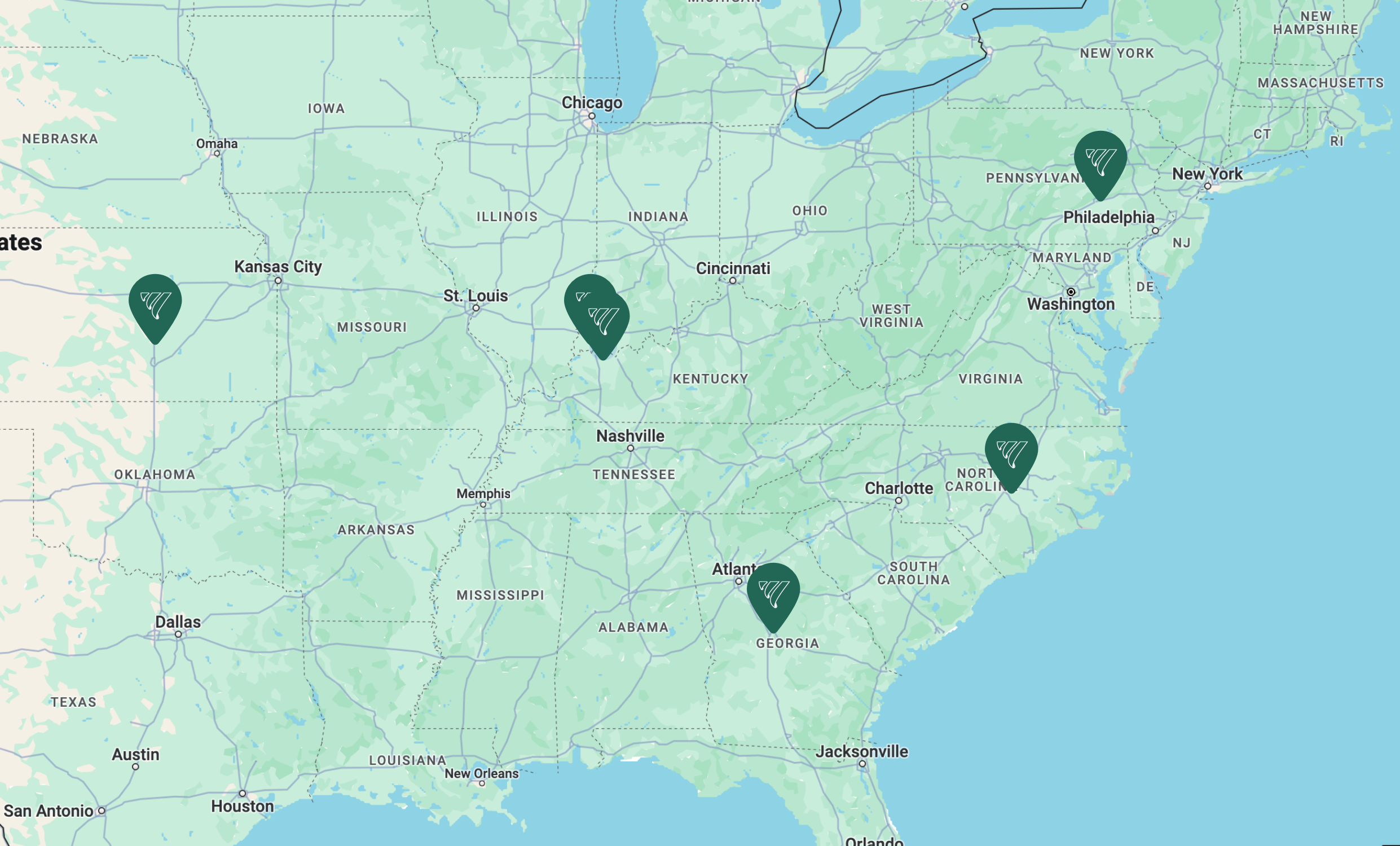 Map of USA with Western Green Locations marked with a pin icon
